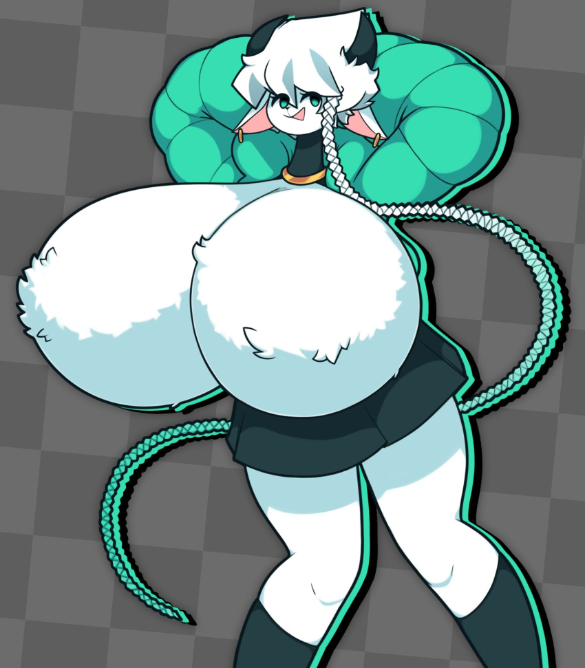 anthro big_breasts bovid braided_hair breasts clothing dewy-eyedboy ear_piercing ear_ring female fur green_eyes hair hands_behind_head hi_res huge_breasts hyper hyper_breasts long_hair looking_at_viewer mammal open_mouth piercing ring_piercing smile solo standing thick_thighs unknown_character white_body white_fur white_hair