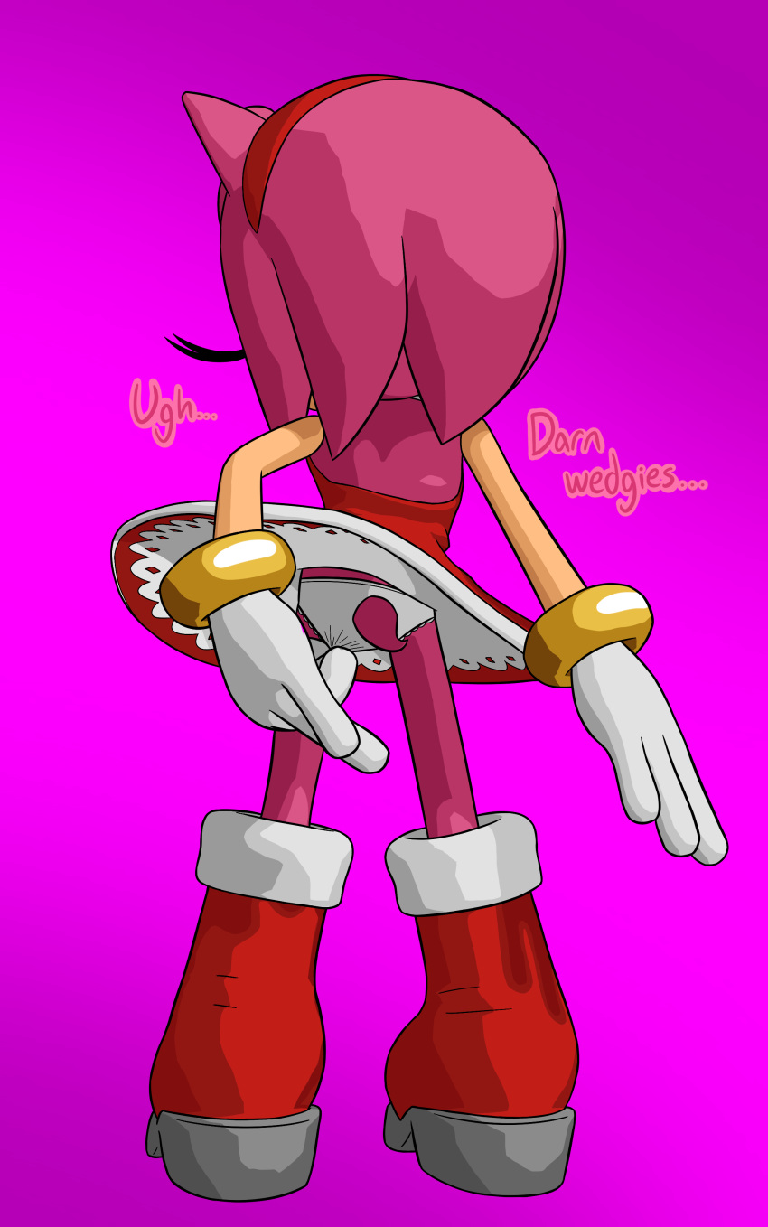 4_fingers absurd_res accessory adjusting_clothing amy_rose anthro bracelet clothing eulipotyphlan female fingers furgonomics hair_accessory hairband hedgehog hi_res jewelry mammal purple_background radicool332 rear_view red_clothing sega simple_background solo sonic_the_hedgehog_(series) upskirt wedgie