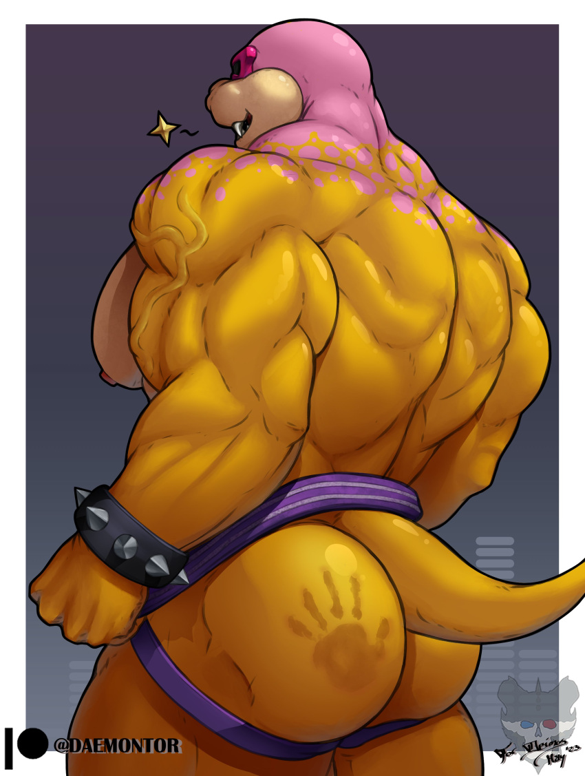 2023 absurd_res anthro back_muscles barazoku biceps big_butt big_muscles border bracelet bubble_butt butt clothed clothing deltoids eyewear grey_background hi_res huge_butt huge_muscles jewelry jockstrap jockstrap_only koopa koopaling male mario_bros muscular muscular_anthro muscular_male nintendo nipples non-mammal_nipples open_mouth open_smile patreon pecs perverteddaemon rear_view roy_koopa scalie simple_background smile solo spank_marks spiked_bracelet spikes standing star sunglasses teeth text thick_thighs topless topless_anthro topless_male triceps underwear underwear_only url vein watermark white_border