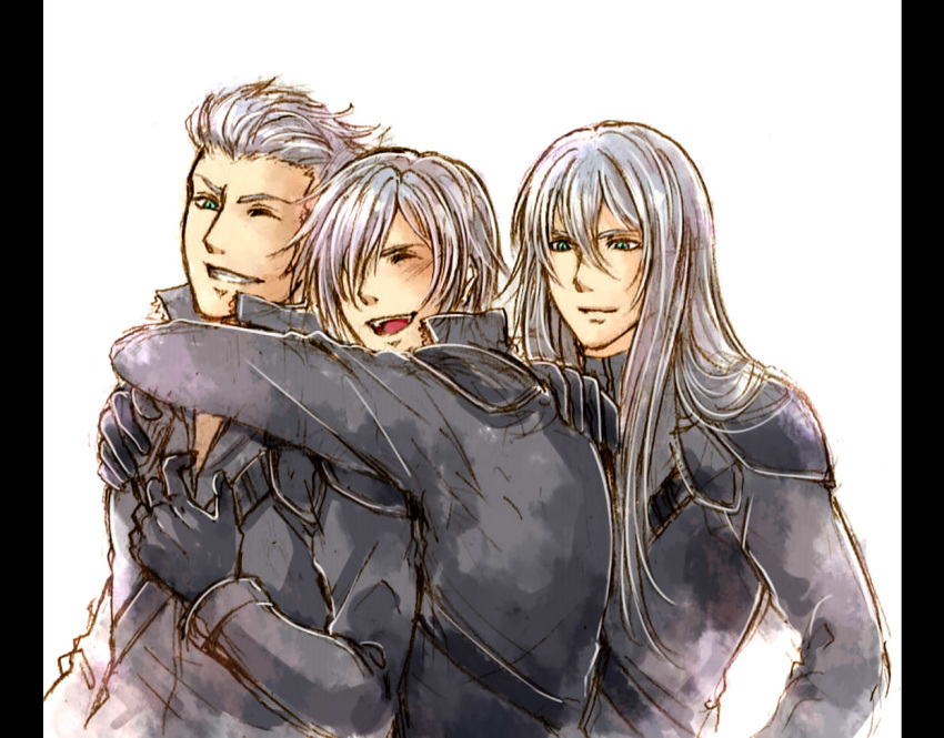 3boys 96endororii armor black_jumpsuit blue_eyes brothers chest_harness final_fantasy final_fantasy_vii final_fantasy_vii_advent_children grey_hair grin group_hug hair_slicked_back harness high_collar hug jumpsuit kadaj long_hair loz male_focus multiple_boys open_mouth short_hair shoulder_armor siblings slit_pupils smile white_background yazoo