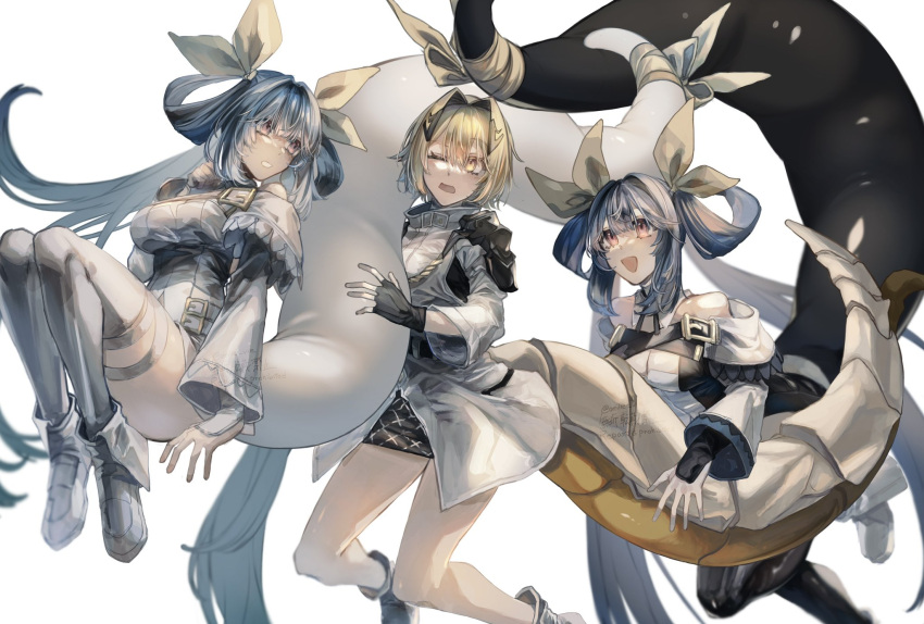 3girls aiguillette alchemy_stars armor bare_shoulders black_gloves black_skirt black_thighhighs blonde_hair blue_hair breasts cleavage cleavage_cutout clothing_cutout commission detached_collar detached_sleeves dizzy_(guilty_gear) fingerless_gloves gloves guilty_gear guilty_gear_xrd hair_intakes hair_ornament hair_ribbon highres jacket large_breasts large_tail looking_at_another medium_breasts miniskirt monster_girl multiple_girls oeillet_vie off_shoulder one_eye_closed open_mouth red_eyes ribbon shoulder_armor sidelocks simple_background skeb_commission skirt tail tail_ornament tail_ribbon thigh_strap thighhighs thighs twintails vice_(alchemy_stars) white_background white_thighhighs wide_sleeves yellow_eyes yellow_ribbon