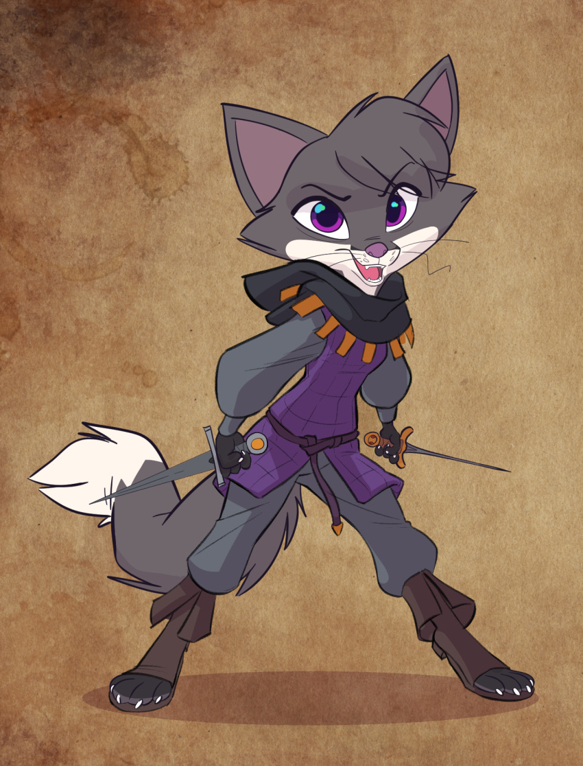 4_toes anthro armor bottomwear breasts canid canine claws clothed clothing dagger digital_media_(artwork) dual_wielding feet female fox full-length_portrait fully_clothed fur grey_body grey_bottomwear grey_clothing grey_fur grey_hair grey_pants hair hi_res holding_dagger holding_object holding_weapon looking_at_viewer mammal melee_weapon open_mouth open_toe_footwear pants portrait purple_eyes shirt simple_background siroc smile solo standing tail teeth toe_claws toes tongue topwear weapon white_body white_fur
