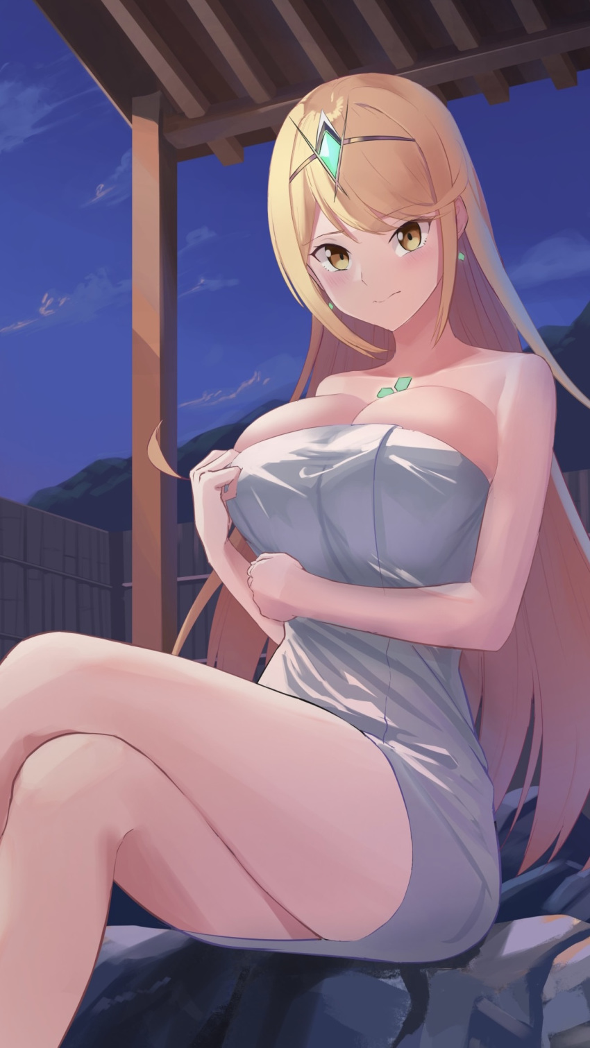 1girl arm_under_breasts bare_shoulders blonde_hair breast_lift breasts chest_jewel closed_mouth core_crystal_(xenoblade) crossed_legs drop_earrings earrings embarrassed highres jewelry large_breasts lom_(lom_lom_8) long_hair looking_at_viewer mythra_(xenoblade) naked_towel night night_sky outdoors sitting sky solo swept_bangs tiara towel xenoblade_chronicles_(series) xenoblade_chronicles_2 yellow_eyes