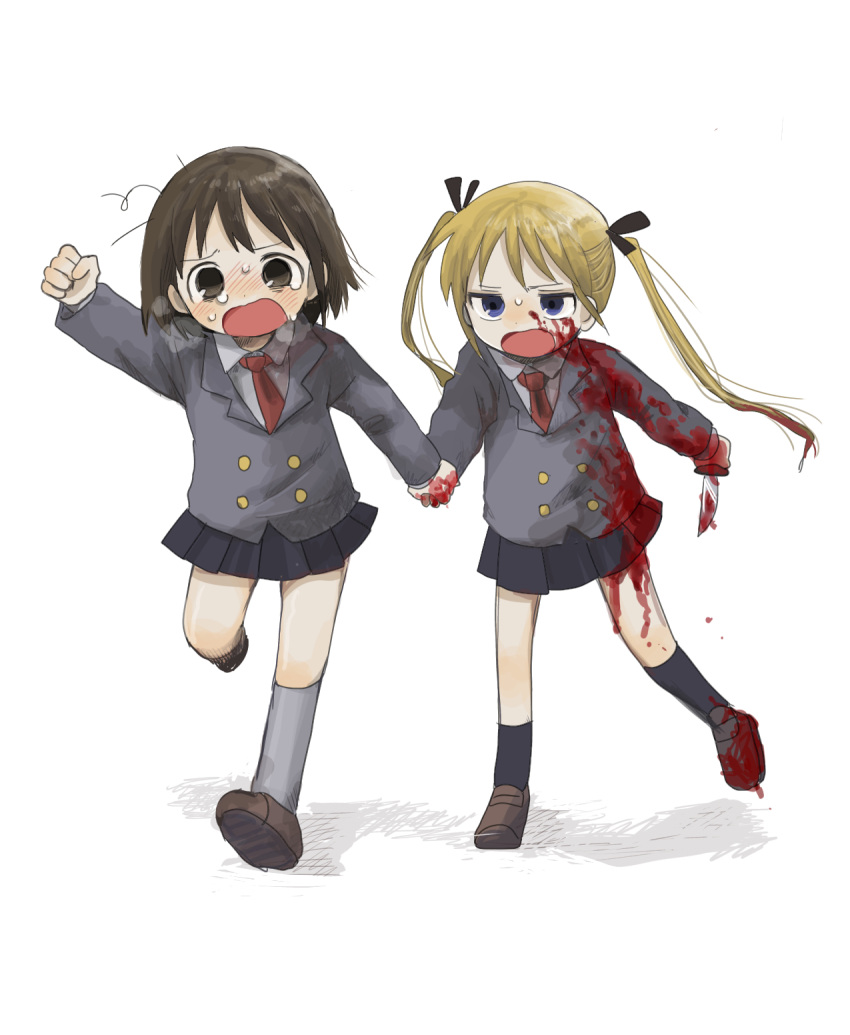 2girls arm_up black_ribbon black_skirt black_socks blazer blonde_hair blood blood_in_hair blood_on_clothes blood_on_face blood_on_knife blood_splatter blue_eyes blush brown_eyes brown_footwear buttons collared_shirt commentary_request crying crying_with_eyes_open double-breasted full_body furrowed_brow grey_jacket grey_socks hair_ribbon heavy_breathing highres holding holding_hands holding_knife jacket kill_me_baby knife loafers long_sleeves looking_at_another looking_at_viewer messy_hair multiple_girls necktie open_mouth oribe_yasuna pleated_skirt pulling raised_fist red_necktie ribbon running school_uniform shirt shoes simple_background skirt socks sonya_(kill_me_baby) sweat tears twintails white_background white_shirt yasashii_naizou
