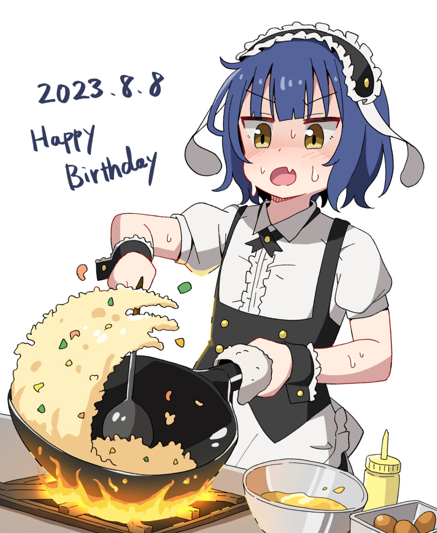 1girl animal_ears apron black_hairband blue_hair blunt_bangs blush center_frills collared_shirt commentary_request cooking cowboy_shot cross_tie dated english_text fake_animal_ears fang fire flat_chest fleur_de_lapin_uniform flipping_food floppy_ears food fried_rice frilled_apron frilled_cuffs frilled_hairband frilled_shirt frills frying_pan gochuumon_wa_usagi_desu_ka? hairband happy_birthday highres holding holding_frying_pan holding_spoon jouga_maya looking_at_viewer maid_headdress mixing_bowl mohei open_mouth puffy_short_sleeves puffy_sleeves rabbit_ears shirt short_hair short_sleeves simple_background skin_fang solo spoon standing stove sweat underbust waist_apron white_apron white_background white_shirt wok wrist_cuffs yellow_eyes