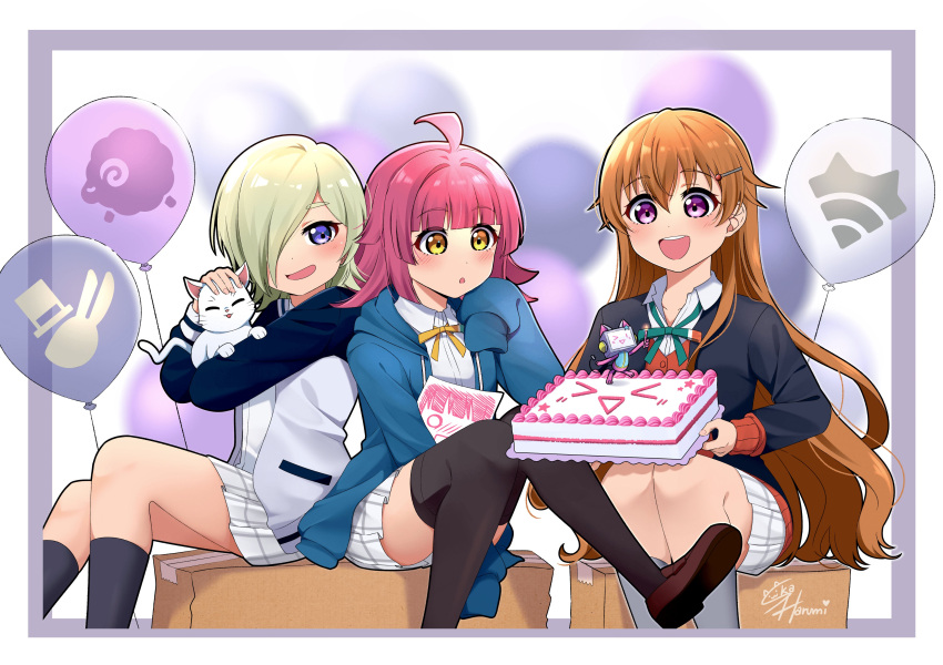 3girls absurdres ahoge animal balloon black_jacket black_socks black_thighhighs blonde_hair blue_hoodie blush box cake cardboard_box cardigan cat food green_ribbon grey_socks hair_over_one_eye hanpen_(nijigasaki) highres holding holding_animal holding_cake holding_cat holding_food hood hoodie jacket konoe_kanata long_hair long_sleeves looking_at_viewer love_live! love_live!_nijigasaki_high_school_idol_club medium_hair mia_taylor multiple_girls neck_ribbon nijigasaki_academy_school_uniform plaid plaid_skirt pleated_skirt red_cardigan ribbon rina-chan_board school_uniform short_hair sitting ska.harumi skirt sleeves_past_wrists socks teeth tennouji_rina thighhighs upper_body upper_teeth_only white_cat white_jacket white_skirt winter_uniform yellow_eyes yellow_ribbon zettai_ryouiki