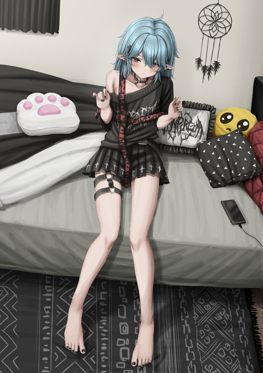 1girl absurdres barefoot bed black_skirt black_sweater blue_hair cellphone charger collar cushion elf feet gothic highres indoors light_blue_hair lobsteranian looking_at_viewer medium_hair miniskirt on_bed orange_eyes original paw_print phone pointy_ears sitting skirt smartphone solo sweater