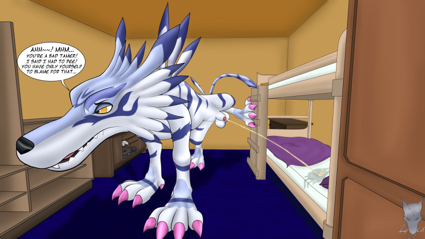 animal_genitalia animal_penis annoyed balls bandai_namco bed bodily_fluids bunk_bed cabinet canid canine canine_genitalia canine_penis carpet claws dialogue digimon digimon_(species) digital_media_(artwork) feral fur furniture garurumon genital_fluids genitals hi_res inside lycadio male mammal nintendo nintendo_64 peeing penis raised_leg simple_background solo speech_bubble tail teeth text urine urine_stream watersports white_body white_fur wired_controller yellow_eyes