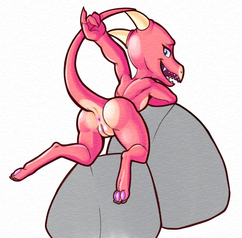 2023 2_horns 3_toes anthro anus blue_eyes butt claws countershade_butt countershade_torso countershading digitigrade eyelashes feet female fours_(artist) genitals grey_background hi_res horn kobold looking_back open_mouth pawpads pink_body pink_pawpads pink_scales presenting presenting_hindquarters pussy rear_view rock scales scalie sharp_teeth simple_background solo tail tan_body tan_scales teeth tik_tik toe_claws toes