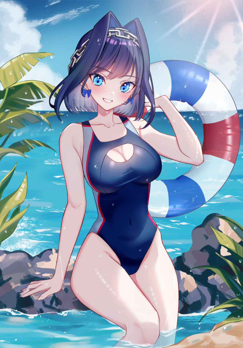 1girl blue_hair blue_sky bow bow_earrings breasts cleavage cleavage_cutout clothing_cutout competition_swimsuit covered_navel cowboy_shot day earrings hair_intakes head_chain highres holding holding_innertube hololive hololive_english innertube jewelry large_breasts looking_at_viewer ocean one-piece_swimsuit ouro_kronii outdoors shirase_rin sky solo swimsuit thighs virtual_youtuber water