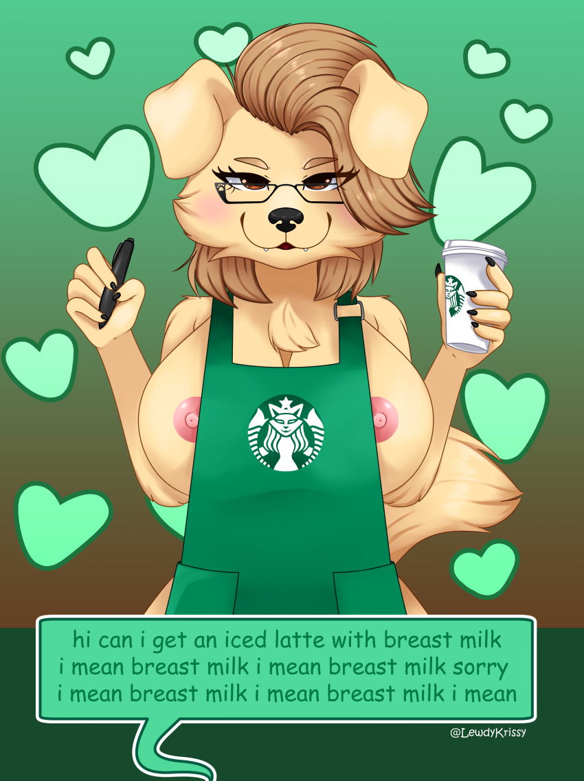 absurd_res anonymous_artist anthro beverage big_breasts bird_dog blonde_hair blush breasts brown_eyes canid canine canis coffee dialogue domestic_dog female floppy_ears fur golden_retriever hair hi_res hunting_dog labrador looking_at_viewer mammal meme mugdoggo retriever solo starbucks yellow_body yellow_fur