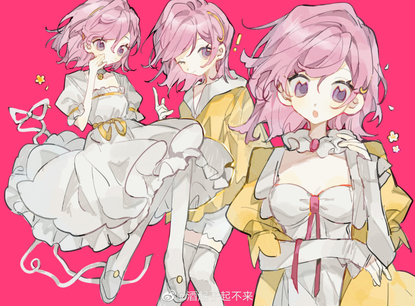 ! 1girl :o absurdres collar detached_collar douluo_dalu dress flower frilled_collar frills hairband highres jacket long_hair long_sleeves mo_seafoam multiple_views ning_rongrong_(douluo_dalu) one_eye_closed pink_hair purple_background simple_background smile thighhighs white_dress white_footwear yellow_jacket