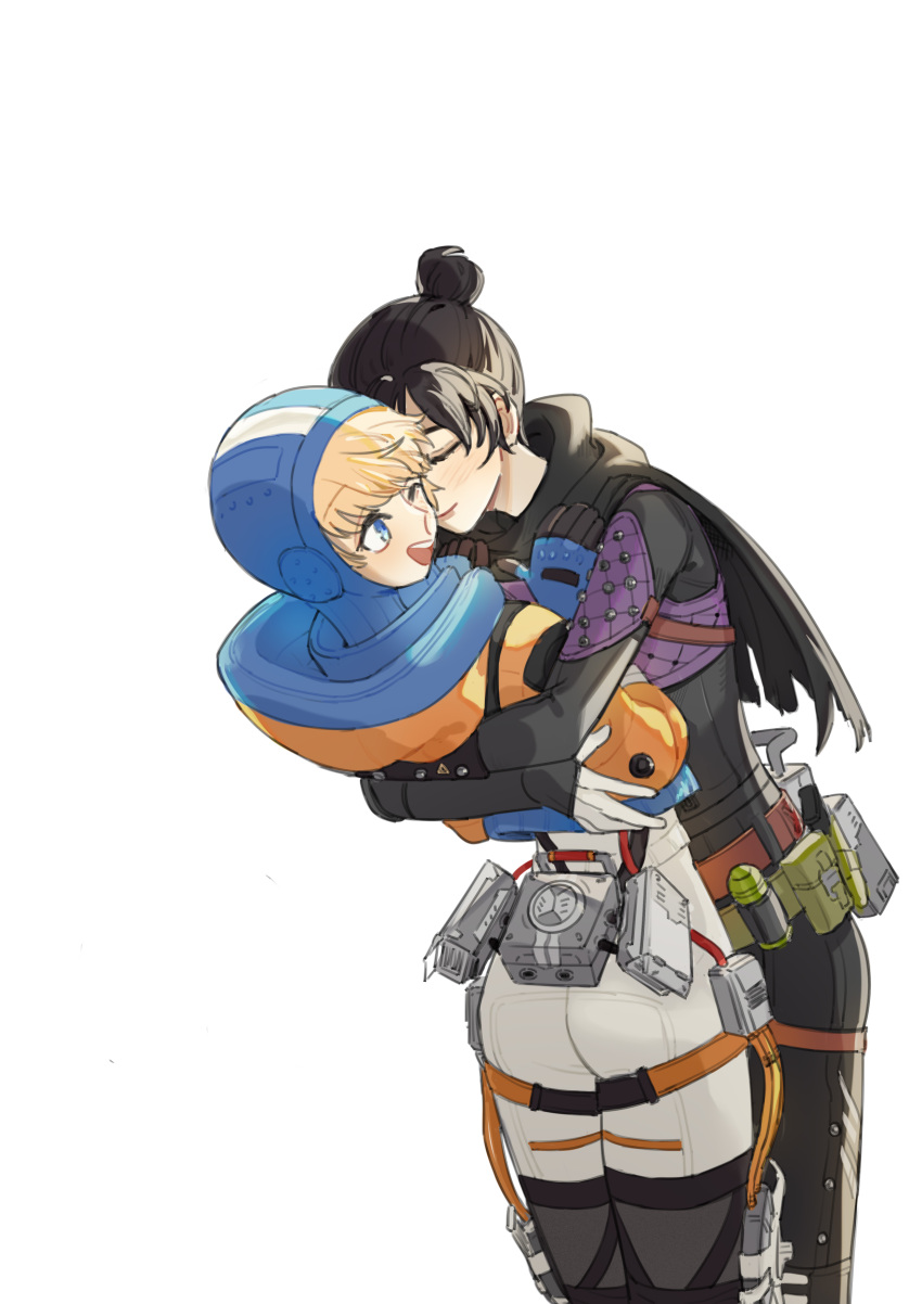 2girls absurdres animification apex_legends ass belt black_bodysuit black_thighhighs blue_bodysuit bodysuit brown_belt cable chinese_commentary closed_eyes hair_behind_ear hair_bun hand_on_another's_shoulder highres hood hood_down hood_up hooded_bodysuit hooded_jacket hug jacket leaning_back leaning_forward multiple_girls orange_jacket single_hair_bun smile thigh_strap thighhighs tuxiaoning_not wattson_(apex_legends) white_background white_bodysuit wraith_(apex_legends) yuri