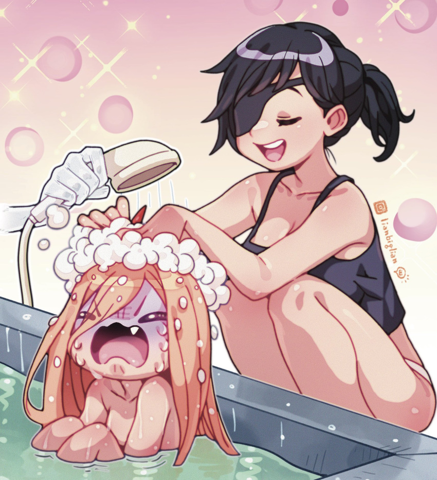 2girls bath bathing bathroom bathtub black_hair blonde_hair bubble chainsaw_man closed_eyes commentary_request crying demon_girl demon_horns eyepatch fang ghost_devil_(chainsaw_man) highres himeno_(chainsaw_man) holding holding_shower_head horns lianbiglian long_hair multiple_girls open_mouth panties partially_submerged power_(chainsaw_man) red_horns short_ponytail shower_head signature smile soap_bubbles sparkle squatting tank_top underwear unhappy washing washing_another washing_hair water