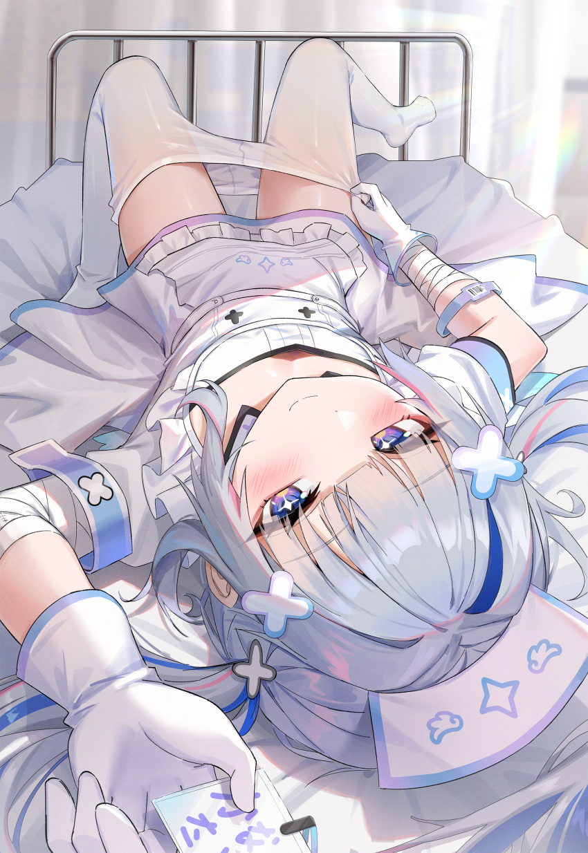 +_+ 1girl absurdres amane_kanata amane_kanata_(nurse) apron bandaged_arm bandages bed blue_eyes blue_hair blunt_bangs blush breasts bu_leike card choppy_bangs closed_mouth clothes_pull downblouse dress frilled_apron frills gloves grey_hair hair_ornament hat highres holding holding_card hololive hospital_bed id_card looking_at_viewer lying multicolored_hair nurse nurse_cap official_alternate_costume official_alternate_hair_length official_alternate_hairstyle on_back on_bed pantyhose pantyhose_pull pink_hair pulled_by_self purple_eyes short_sleeves single_hair_intake small_breasts smile solo streaked_hair twintails upside-down virtual_youtuber white_apron white_dress white_gloves white_pantyhose x_hair_ornament