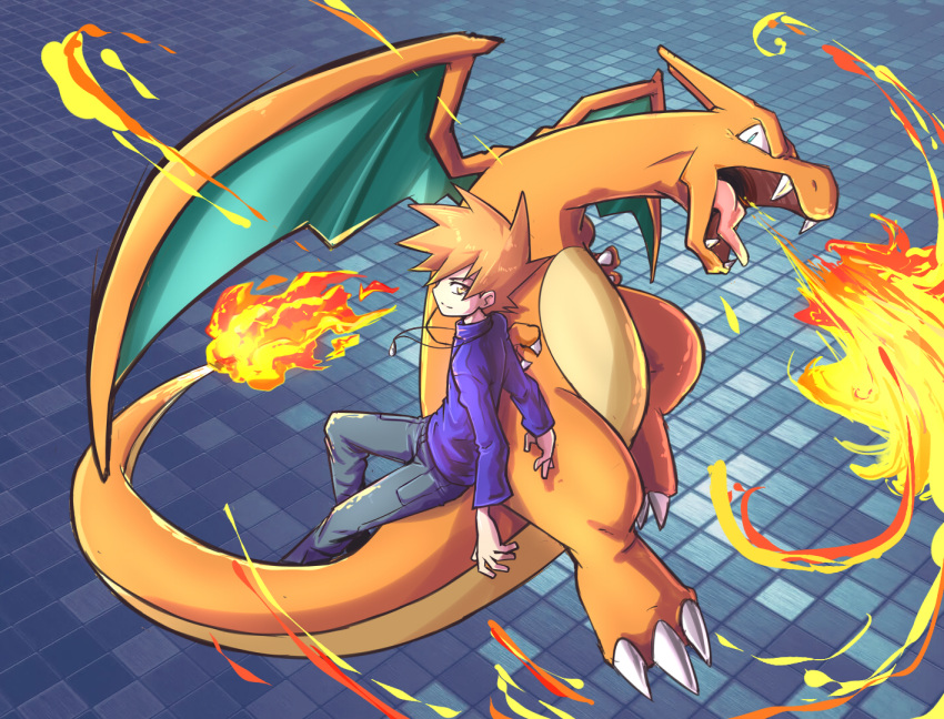 1boy blue_oak breathing_fire charizard claws fangs fire flame flame-tipped_tail grey_pants jewelry looking_at_viewer looking_up necklace open_mouth orange_eyes orange_hair pants pokemon pokemon_(creature) pokemon_(game) pokemon_rgby purple_shirt riding riding_pokemon shirt short_hair sitting smile spiked_hair tiles tongue tsunami_hisoka v-shaped_eyebrows wings