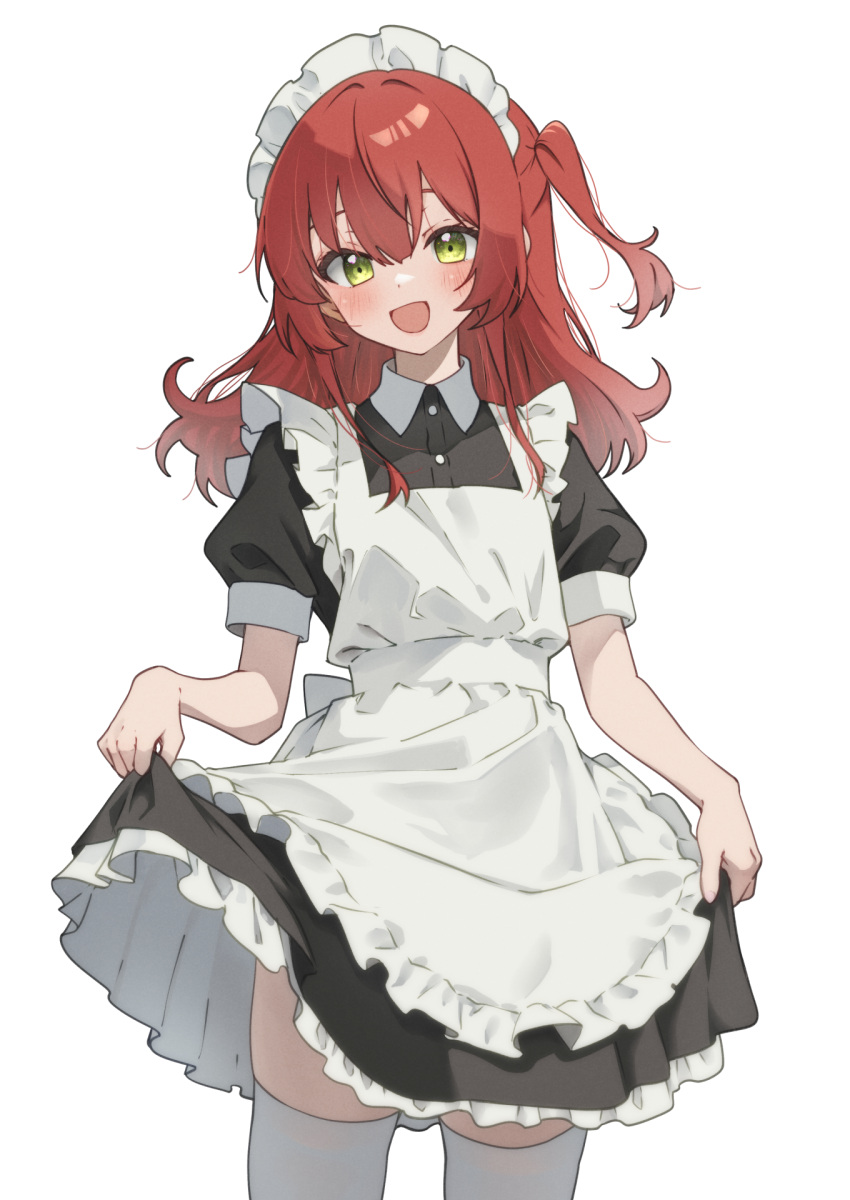 1girl alternate_costume apron black_dress blush bocchi_the_rock! dress enmaided frilled_apron frilled_dress frills green_eyes hair_between_eyes highres kita_ikuyo long_hair looking_at_viewer maid maid_apron maid_headdress one_side_up open_mouth red_hair short_sleeves simple_background smile solo thighhighs tsukasa2048 white_apron white_background white_thighhighs