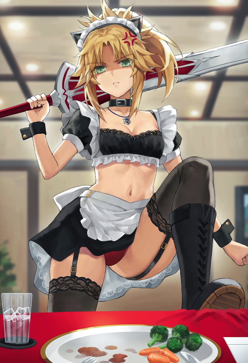 1girl alternate_costume anger_vein animal_ears black_collar black_skirt blonde_hair boots braid breasts broccoli carrot cat_ears clarent_(fate) cleavage collar commentary_request crop_top cross-laced_footwear cup enmaided fake_animal_ears fate/apocrypha fate/grand_order fate_(series) food french_braid frills glaring green_eyes hair_ornament hair_scrunchie highres holding holding_sword holding_weapon ice ice_cube jewelry knee_up lace-up_boots long_hair looking_at_viewer maid maid_day maid_headdress miniskirt mordred_(fate) mordred_(fate/apocrypha) navel necklace panties pantyshot parted_bangs parted_lips pendant plate ponytail puffy_short_sleeves puffy_sleeves red_panties revision scrunchie shaded_face shoe_soles short_ponytail short_sleeves sidelocks skirt small_breasts solo sword table tonee underwear vegetable water weapon