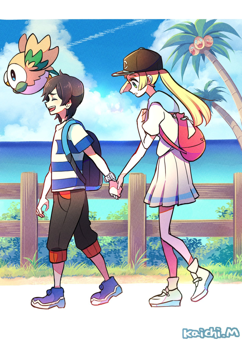 1boy 1girl alolan_exeggutor black_hair black_headwear black_shorts blonde_hair blue_footwear blunt_bangs bush closed_eyes cloud cloudy_sky day dirt_road elio_(pokemon) fence flying grass green_eyes hand_on_own_chest height_difference highres holding_hands kaichi210 laughing lillie_(pokemon) ocean open_mouth pleated_skirt pokemon pokemon_(game) pokemon_sm ponytail road rowlet shirt short_hair shorts skirt sky walking white_footwear white_shirt white_skirt wooden_fence z-ring