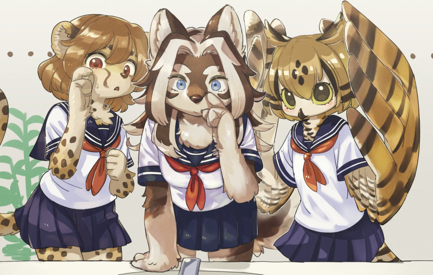 3girls beak bird_girl black_hair blue_eyes blue_sailor_collar blue_skirt body_fur brown_hair cheetah_ears cheetah_girl cheetah_tail dog_girl dog_tail faucet feathered_wings furry furry_female koucha_inu leaning_forward looking_at_mirror looking_at_viewer mirror multicolored_fur multicolored_hair multiple_girls neckerchief original parted_bangs pleated_skirt red_eyes red_neckerchief restroom sailor_collar school_uniform serafuku short_sleeves sink skirt spotted_fur tail two-tone_hair white_hair winged_arms wings yellow_eyes