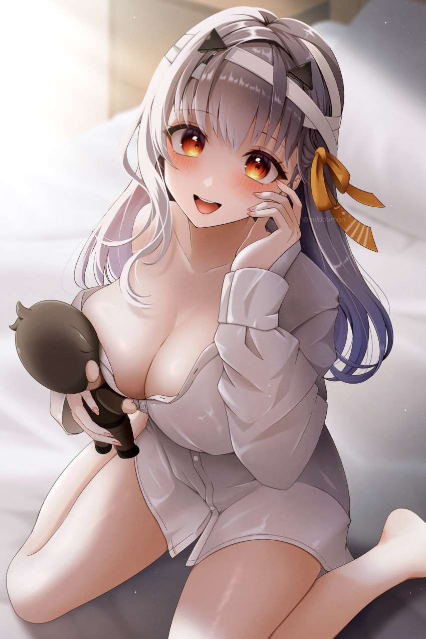 1girl bandaged_head bandages bare_legs barefoot blush breasts character_doll cleavage collared_shirt doll dress_shirt from_above goddess_of_victory:_nikke grey_hair hair_between_eyes hair_ribbon highres holding holding_doll large_breasts long_hair looking_at_viewer milmil7 modernia_(first_affection)_(nikke) modernia_(nikke) no_bra off_shoulder official_alternate_costume open_mouth red_eyes ribbon shirt single_hair_intake sitting smile solo white_shirt wing_collar yellow_ribbon