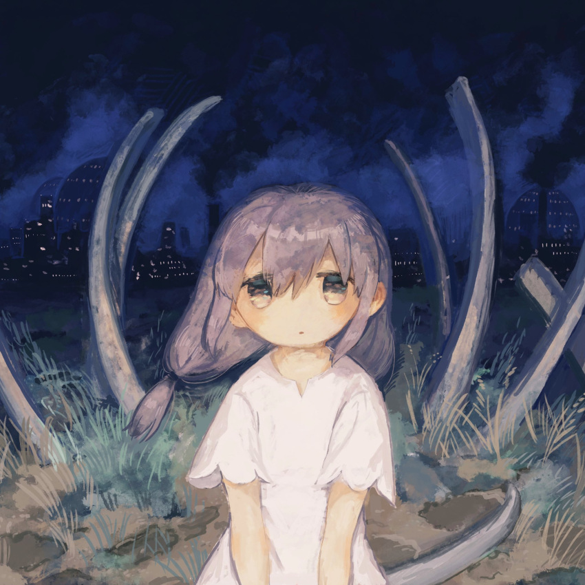 1girl blue_sky brown_eyes chimney commentary cowboy_shot cropped dress grass grey_hair highres kezuru long_hair looking_at_viewer low_twintails night original outdoors parted_lips short_sleeves sky smoke solo straight-on symbol-only_commentary twintails white_dress