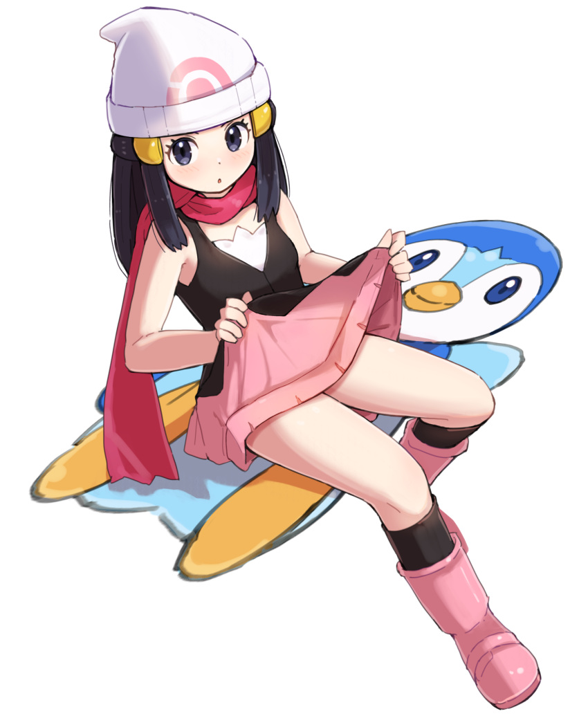 1girl bare_arms beanie black_hair black_shirt black_socks blush boots clothes_lift commentary_request dawn_(pokemon) eyelashes grey_eyes hair_ornament hairclip hat highres kneehighs kutabireta_neko lifted_by_self long_hair looking_at_viewer parted_lips pink_footwear pink_scarf pink_skirt piplup poke_ball_print pokemon pokemon_(game) pokemon_dppt scarf shirt sidelocks sitting skirt skirt_lift sleeveless sleeveless_shirt socks white_headwear