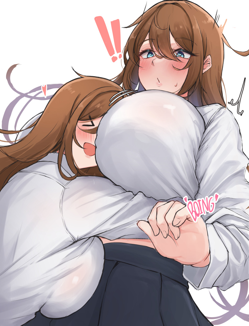 ! !! &gt;_&lt; 2girls absurdres black_skirt blush breast_press breasts brown_hair closed_mouth collared_shirt hair_between_eyes heart highres hug huge_breasts large_breasts long_sleeves minori_(user_eket5233) multiple_girls original school_uniform shirt simple_background skirt smile standing surprised underboob white_background white_shirt