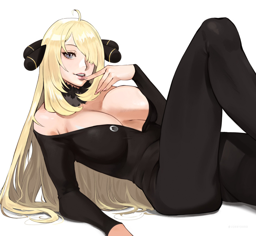 1girl absurdres ahoge black_pants black_shirt blonde_hair breasts cynthia_(pokemon) english_commentary fur_collar grey_eyes hair_ornament hair_over_one_eye highres joy_boy knees_up large_breasts lips long_hair long_sleeves lying off_shoulder on_back pants parted_lips pokemon pokemon_(game) pokemon_dppt shirt simple_background solo white_background