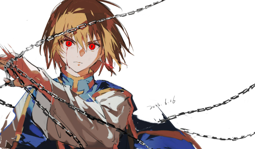 1boy androgynous blonde_hair chain crystal_earrings earrings hair_between_eyes highres hunter_x_hunter jewelry kurapika long_sleeves looking_at_viewer mei_ren nen_(hunter_x_hunter) red_eyes ring short_hair simple_background solo tabard thumb_ring upper_body white_background