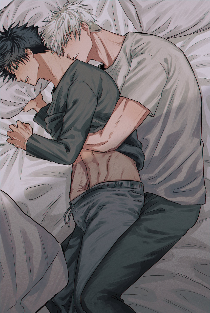 2boys bed black_hair black_shirt blue_eyes blush closed_eyes commentary_request fushiguro_megumi fushirun_rung gojou_satoru green_eyes hand_under_clothes hand_under_shirt highres hug indoors jujutsu_kaisen long_sleeves lying male_focus multiple_boys navel pillow pillow_grab shirt short_hair short_sleeves spiked_hair teeth white_hair white_shirt yaoi