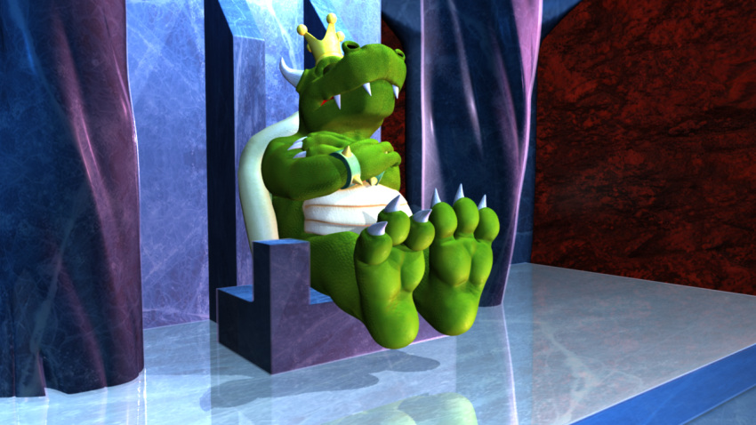 2020 3_toes anthro bracelet chair claws crossed_arms crown crystal crystal_throne eyes_closed fangs feet foot_focus furniture glistening_background green_body green_scales headgear horn jewelry king_koopa male multicolored_body multicolored_scales reflection scales shadow shell sitting sitting_on_throne snout soles solo spiked_bracelet spikes teeth throne throne_room toe_claws toes two_tone_body two_tone_scales white_body white_horn wuffeet yellow_crown
