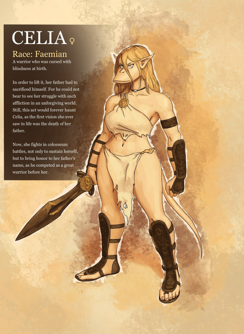 2022 5_fingers 5_toes anthro armband armor blonde_hair bottomwear celia_(redustheriotact) choker clothing description english_text faemian feet female fingers fist footwear hair haplorhine hi_res holding_object holding_sword holding_weapon jewelry loincloth mammal melee_weapon midriff monkey nails navel necklace pale_skin primate redustheriotact sandals sharp_nails solo standing sword text toes topwear vambrace weapon yellow_eyes