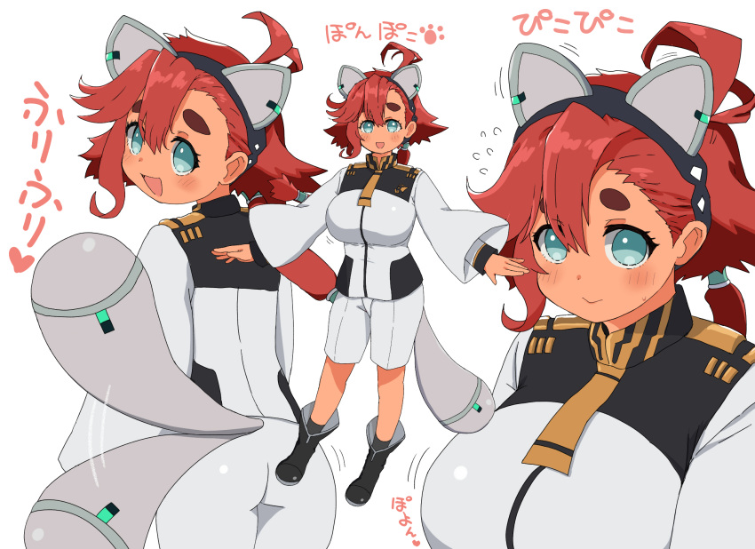 1girl alternate_breast_size animal_ears blue_eyes breasts cat_ears cat_tail commentary_request eyebrows_hidden_by_hair gundam gundam_suisei_no_majo highres jacket large_breasts mechanical_ears mechanical_tail naitou_kouse open_mouth ponytail red_hair shorts smile suletta_mercury tail thick_eyebrows translation_request white_jacket white_shorts