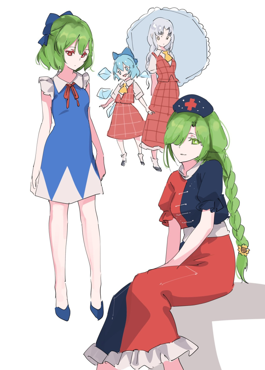 4girls ascot blue_bow blue_dress blue_eyes blue_footwear blue_hair blue_headwear bow braid braided_ponytail cirno cirno_(cosplay) commentary constellation_print cosplay costume_switch cross detached_wings dress flower green_eyes green_hair grey_eyes grey_hair hair_bow hair_flower hair_ornament hair_over_one_eye hat highres holding holding_umbrella ice ice_wings kazami_yuuka kazami_yuuka_(cosplay) kazami_yuuka_(pc-98) long_hair looking_at_viewer multiple_girls nurse_cap parasol plaid plaid_skirt plaid_vest red_cross red_dress red_eyes red_skirt red_vest shirt short_hair short_sleeves simple_background skirt standing sunflower tohoyuukarin touhou touhou_(pc-98) trigram umbrella vest white_background white_shirt white_umbrella wings yagokoro_eirin yagokoro_eirin_(cosplay) yellow_ascot