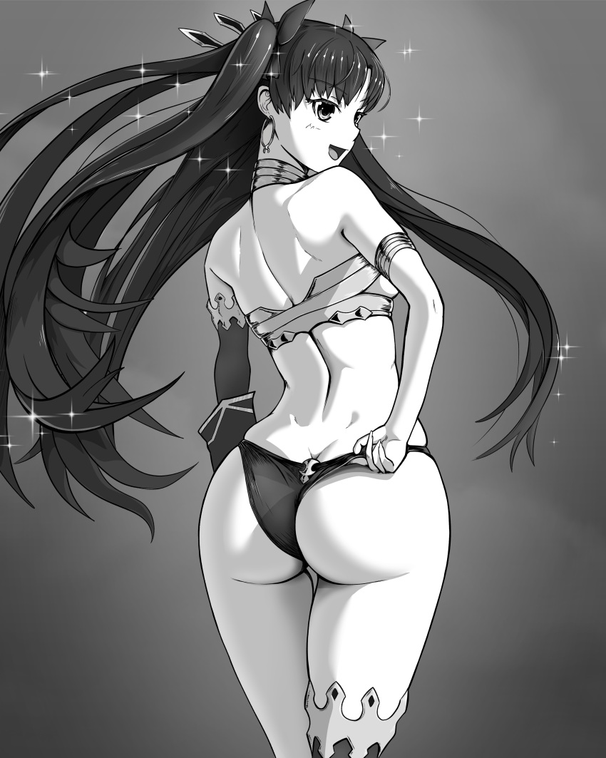 1girl :d absurdres adjusting_clothes adjusting_swimsuit armlet ass back bikini black_bikini earrings elbow_gloves fate/grand_order fate_(series) floating_hair from_behind gloves greyscale hair_ribbon highres hoop_earrings ishtar_(fate) jewelry l2tp long_hair looking_to_the_side mismatched_bikini monochrome open_mouth ribbon single_elbow_glove single_thighhigh skindentation smile sparkle swimsuit thigh_gap thighhighs two_side_up very_long_hair