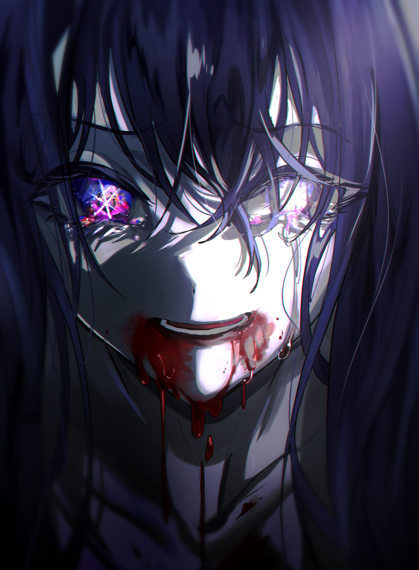 1girl absurdres blood blood_drip blood_from_mouth blood_on_clothes blood_on_face close-up commentary crying dying ela_(lilyvalley8) eyelashes highres hoshino_ai_(oshi_no_ko) long_hair messy_hair multicolored_eyes oshi_no_ko pink_eyes purple_eyes purple_hair solo spoilers star-shaped_pupils star_(symbol) symbol-shaped_pupils teeth