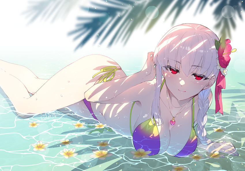 1girl bare_shoulders bikini bikini_day braid breast_awe breasts cleavage day fate/grand_order fate_(series) hair_ribbon highres kama_(fate) large_breasts long_hair looking_at_viewer red_eyes redrop ribbon side_braid smile solo string_bikini swimsuit thighs white_hair