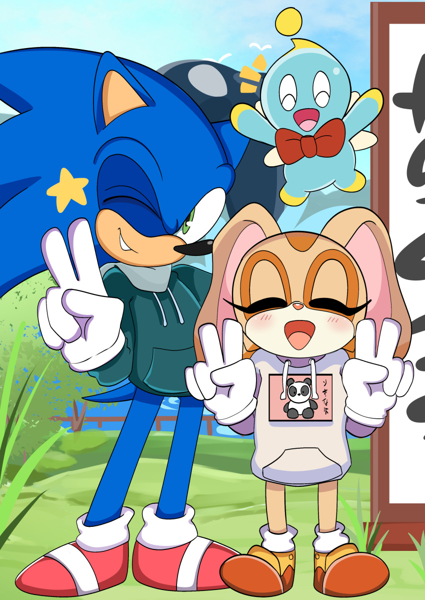 absurd_res anthro blush chao_(sonic) cheese_the_chao clothing cream_the_rabbit double_v_sign eulipotyphlan eyes_closed female gesture group hedgehog hi_res hoodie lagomorph leporid looking_at_viewer male mammal one_eye_closed onibi rabbit sega sonic_the_hedgehog sonic_the_hedgehog_(series) star topwear trio v_sign wink