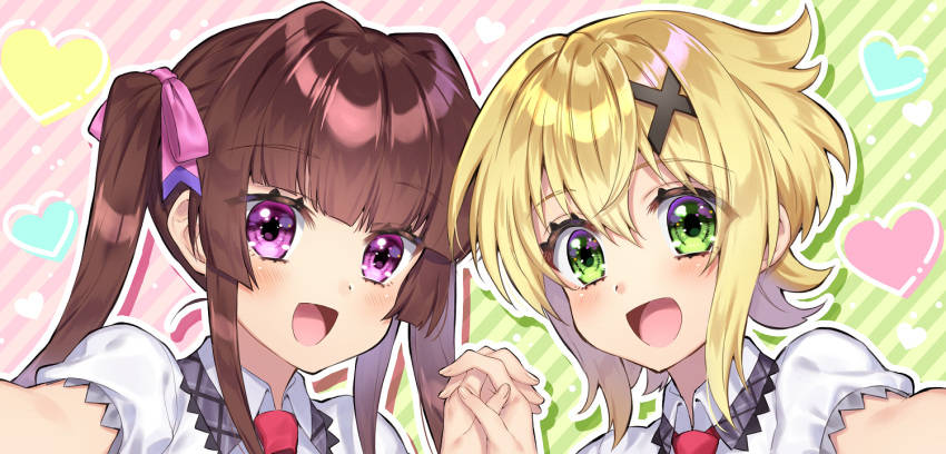 2girls akatsuki_kirika blonde_hair blush brown_hair green_eyes hair_ornament hair_ribbon heart holding_hands interlocked_fingers looking_at_viewer lydian_academy_school_uniform multiple_girls open_mouth pink_eyes ribbon school_uniform senki_zesshou_symphogear short_hair smile tsukuyomi_shirabe twintails x_hair_ornament yuri yuuheisyoujyo