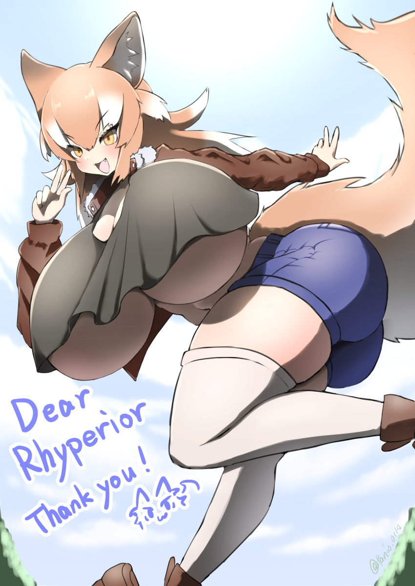 1girl :d absurdres alternate_breast_size alternate_costume animal_ears ass boots breasts cleavage commission commissioner_name crop_top fang gigantic_breasts highres jacket japanese_wolf_(kemono_friends) kemono_friends light_brown_hair midriff multicolored_hair open_clothes open_jacket open_mouth orange_eyes shorts skeb_commission smile solo streaked_hair tail tanio_(tanio_0114) thick_thighs thighhighs thighs underboob v white_hair white_thighhighs wolf_ears wolf_girl wolf_tail