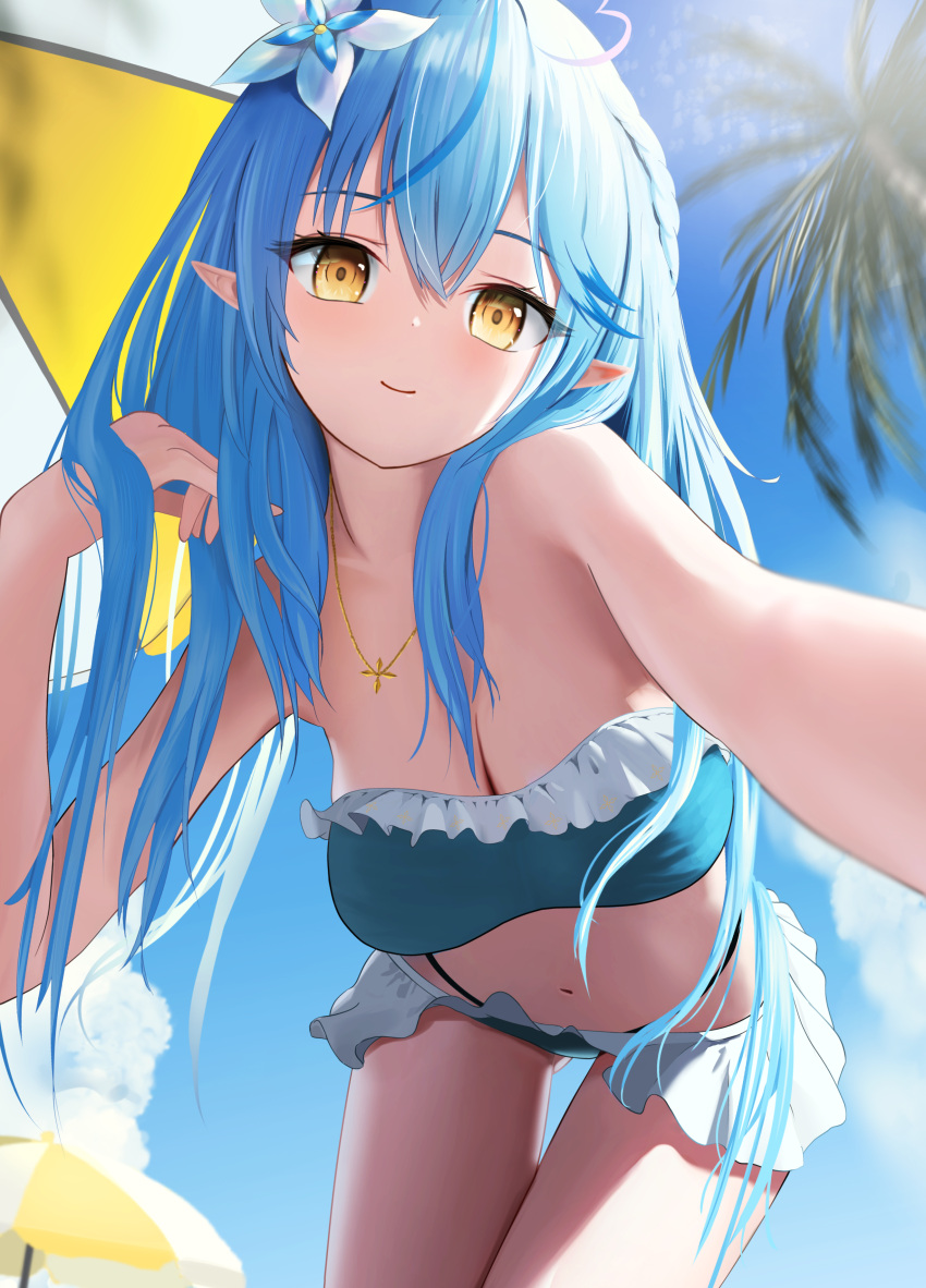 1girl absurdres ahoge bare_shoulders bikini bikini_skirt blue_hair breasts cleavage closed_mouth colored_tips flower hair_between_eyes hair_flower hair_ornament heart heart_ahoge highres hololive large_breasts light_smile long_hair looking_at_viewer multicolored_hair navel pointy_ears smile streaked_hair swimsuit thighs torjun_111 virtual_youtuber yellow_eyes yukihana_lamy