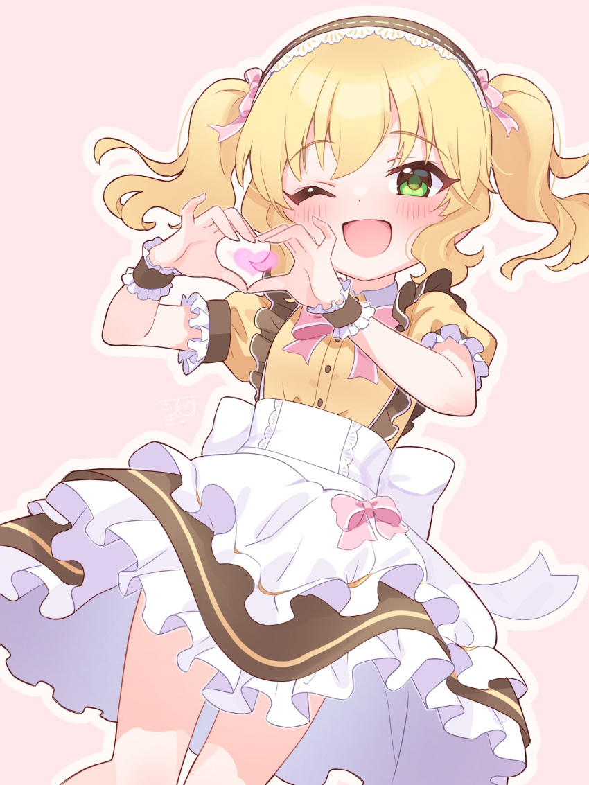 1girl apron back_bow blonde_hair blush bow bowtie brown_skirt commentary dot_nose euphoniummatsu flat_chest frilled_skirt frilled_sleeves frills green_eyes hair_between_eyes hands_up heart heart_hands highres idolmaster idolmaster_cinderella_girls lace-trimmed_hairband lace_trim legs looking_at_viewer maid medium_hair one_eye_closed open_mouth pink_background pink_bow pink_bowtie puffy_short_sleeves puffy_sleeves sakurai_momoka shirt short_sleeves sidelocks skirt smile solo thighs twintails waist_apron wavy_hair white_apron wrist_cuffs yellow_shirt