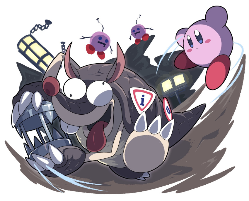 battle blush_stickers cage claws colored_skin highres holding holding_cage kirby kirby_(series) kirby_and_the_forgotten_land open_mouth pink_skin poyo_party sillydillo solid_oval_eyes tail tongue tongue_out wall-eyed