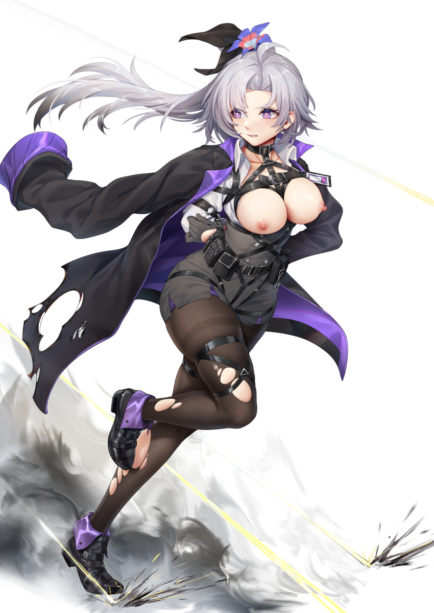 1girl absurdres ahoge apc9k_(girls'_frontline) bdsm black_pantyhose bondage bound breasts breasts_out cleavage commission flower full_body gag girls'_frontline grey_hair hair_flower hair_ornament harness highres jacket jacket_on_shoulders long_hair nipples pantyhose ray_(pixiv9514208) restrained running second-party_source smoke solo thighband_pantyhose torn_clothes torn_jacket torn_pantyhose