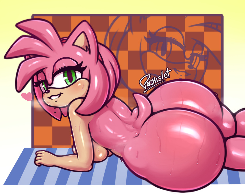 &lt;3 amy_rose anthro big_butt bodily_fluids breasts butt eulipotyphlan female hedgehog huge_butt looking_at_viewer looking_back looking_back_at_viewer mammal nude pachislot sega solo sonic_the_hedgehog_(series) sweat sweaty_butt