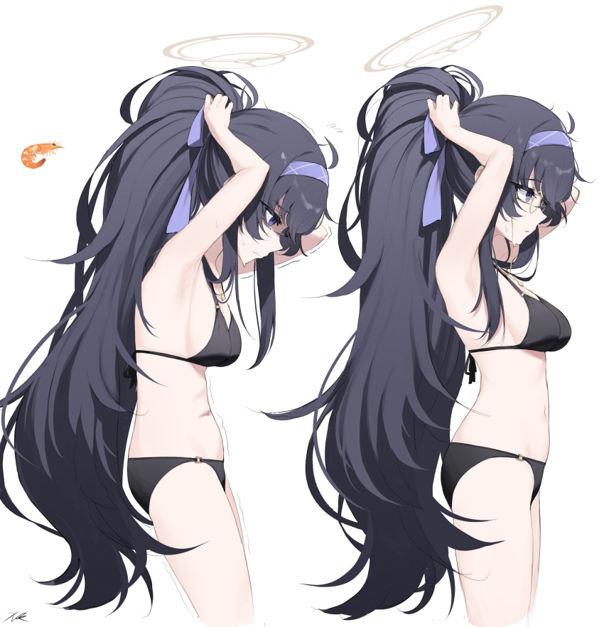 1girl absurdres adjusting_hair animal bikini black_hair blue_archive blue_eyes blue_hairband breasts glasses hairband highres long_hair medium_breasts multiple_views o-ring o-ring_bikini o-ring_bottom o-ring_top official_alternate_costume ponytail profile shrimp simple_background swimsuit ui_(blue_archive) ui_(swimsuit)_(blue_archive) very_long_hair white_background xooku