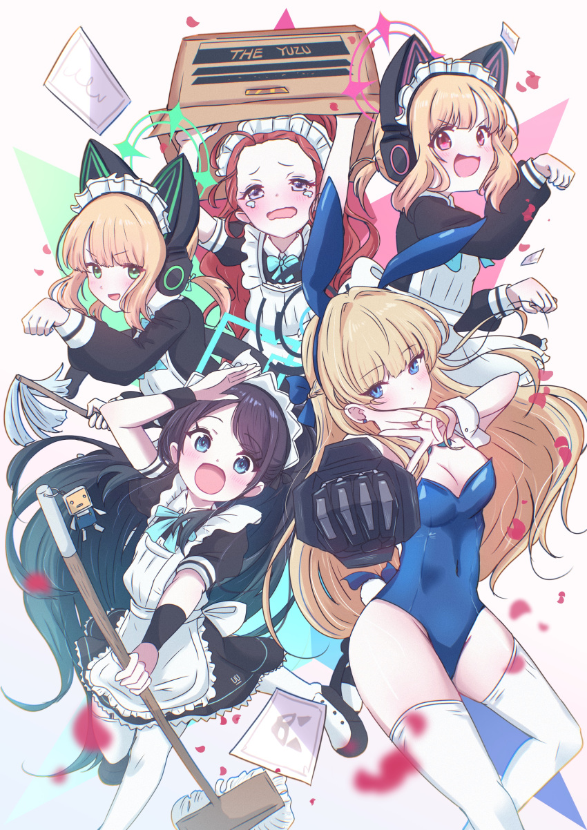 &lt;key&gt;_(robot)_(blue_archive) 5girls absurdly_long_hair absurdres animal_ear_headphones animal_ears apron aris_(blue_archive) aris_(maid)_(blue_archive) black_dress black_hair blonde_hair blue_archive blue_eyes blue_leotard blush breasts cleavage closed_mouth detached_collar dress fake_animal_ears frilled_apron frills game_development_department_(blue_archive) giorgio_(yo_sumire_sola1) green_eyes headphones highres holding holding_mop leotard long_hair long_sleeves maid maid_apron maid_headdress medium_breasts midori_(blue_archive) midori_(maid)_(blue_archive) momoi_(blue_archive) momoi_(maid)_(blue_archive) mop multiple_girls official_alternate_costume open_mouth playboy_bunny purple_eyes rabbit_ears red_eyes red_hair short_hair short_sleeves smile strapless strapless_leotard tears thighhighs toki_(blue_archive) toki_(bunny)_(blue_archive) very_long_hair white_apron white_thighhighs yuzu_(blue_archive)