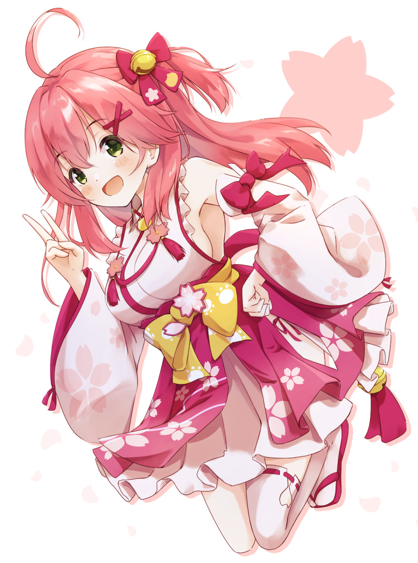 1girl ahoge bell blush breasts detached_sleeves geta green_eyes hair_bell hair_ornament highres hololive japanese_clothes jingle_bell kimono large_breasts looking_at_viewer minazuki_mizu nontraditional_miko one_side_up open_mouth pink_footwear pink_hair pink_kimono pink_sleeves sakura_miko sakura_miko_(1st_costume) single_thighhigh smile solo star_(symbol) thighhighs virtual_youtuber white_background white_thighhighs x_hair_ornament