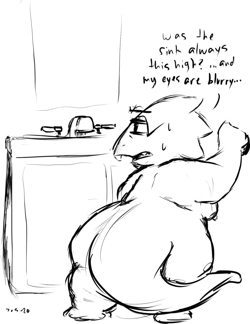 alphys anthro bathroom black_and_white breasts convenient_censorship english_text female hi_res implied_gender_transformation implied_transformation inside kimochitsuki mirror monochrome nipples nude scalie short_stack shrunk side_boob sink slightly_chubby solo text thick_thighs undertale_(series) waking_up wide_hips
